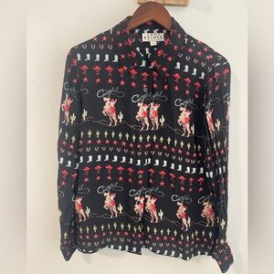 Retro Western Cowgirl Print Button Down Shirt